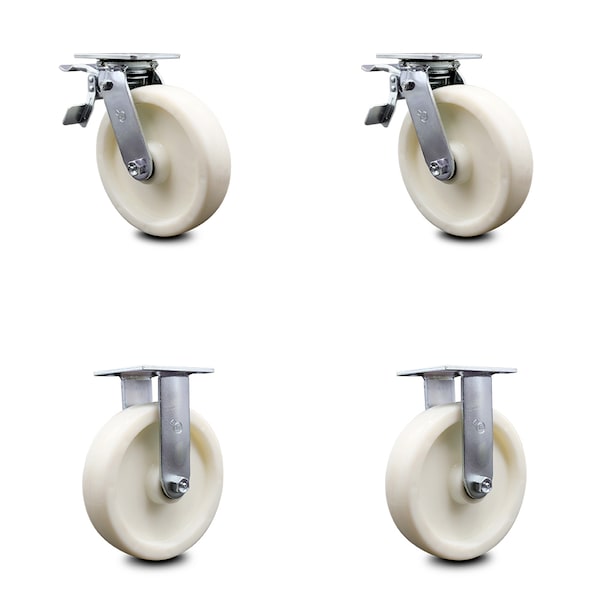 8 Inch Nylon Caster Set with Ball Bearings 2 Brakes 2 Rigid